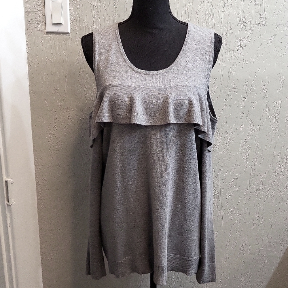 Calvin Klein Gray Cold Shoulder Long Sleeve Sweater with Ruffle Detail